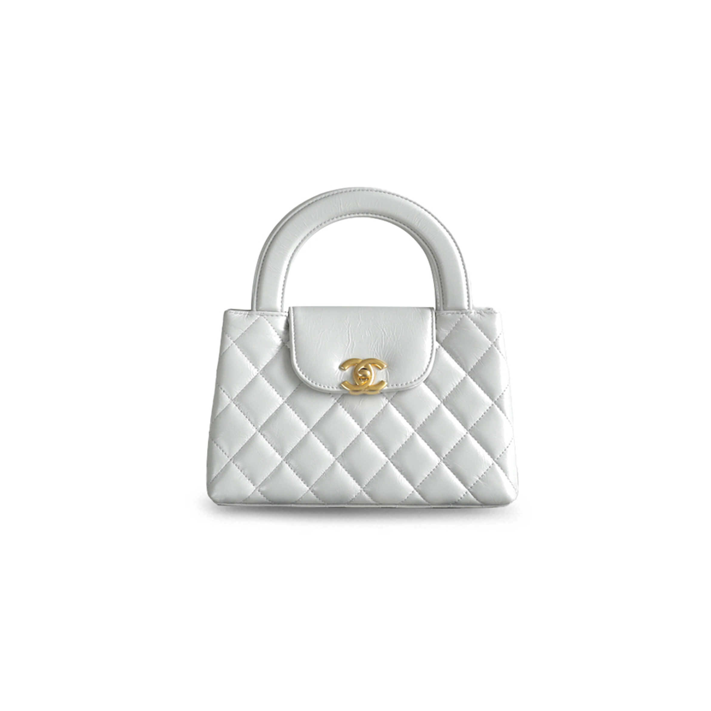CHANEL MASTER KELLY SHOPPER MILK GRAY GLOSSY DISTRESSED CALFSKIN BRUSHED GOLD HARDWARE AS4416 (19*13*7cm)